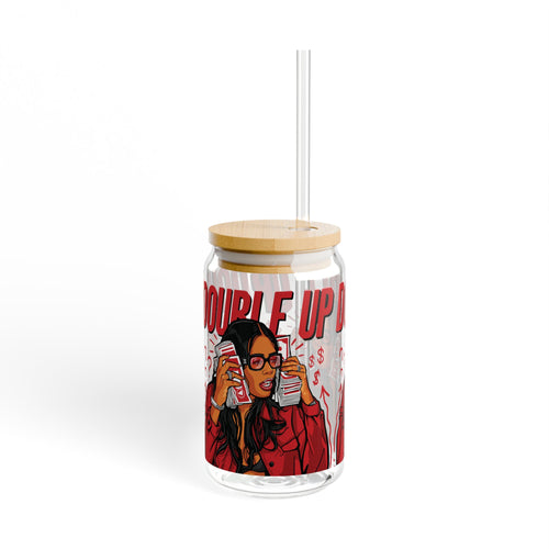 16oz Glass Sipper Tumbler — 'Double Up' Pop Art Design with Straw