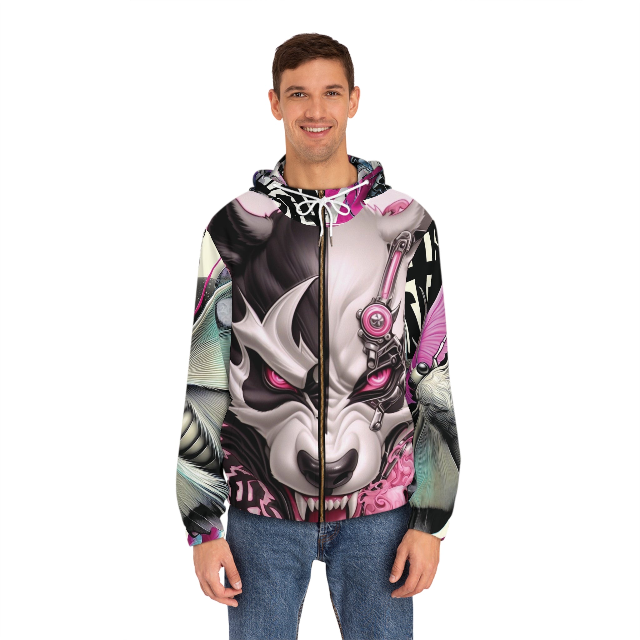 Cyber Kitsune Full-Zip Hoodie — Pink Mecha Wolf Japanese Mask Design