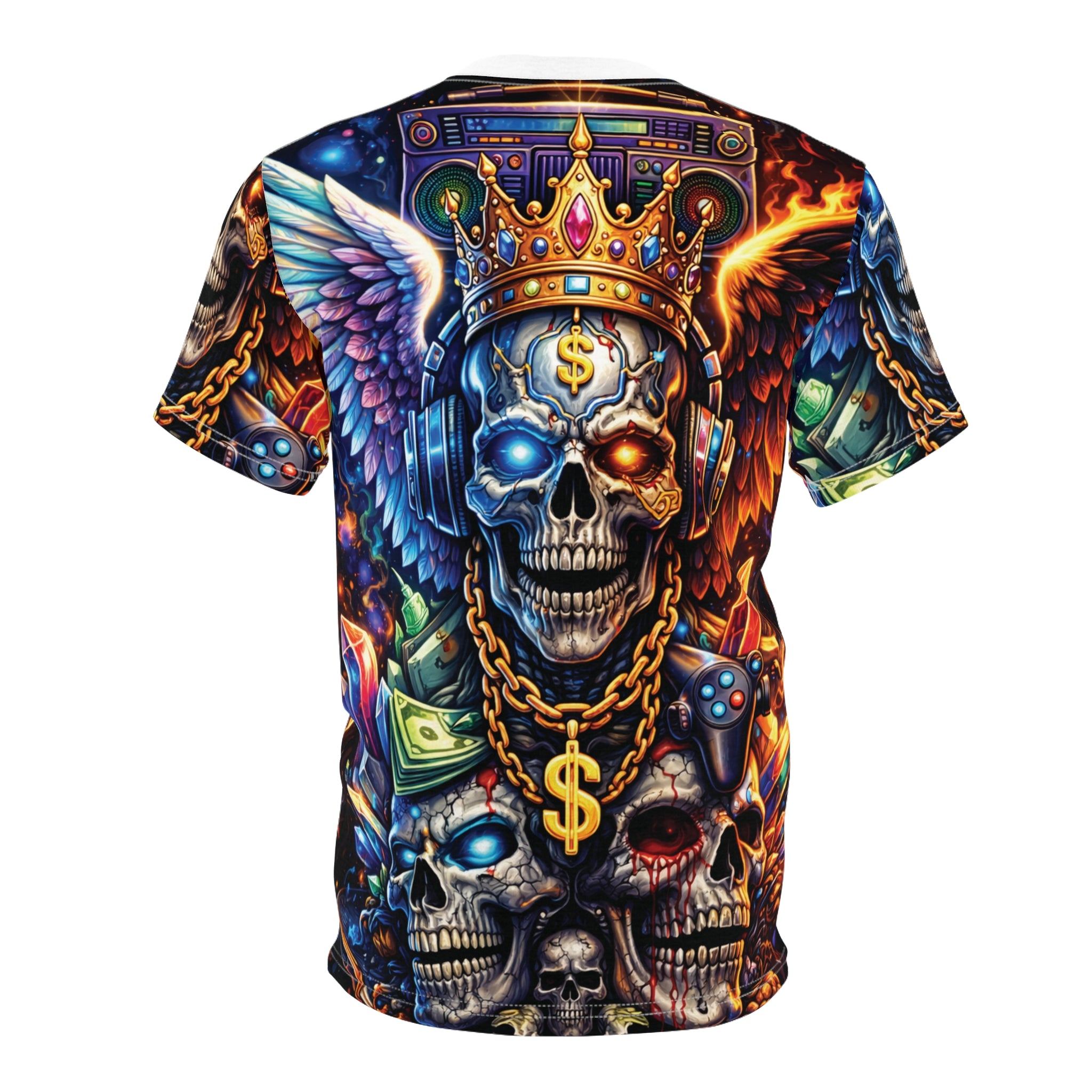 King of Chaos Skull Tee — All-Over Print Gothic Crown & Dollar Sign Shirt