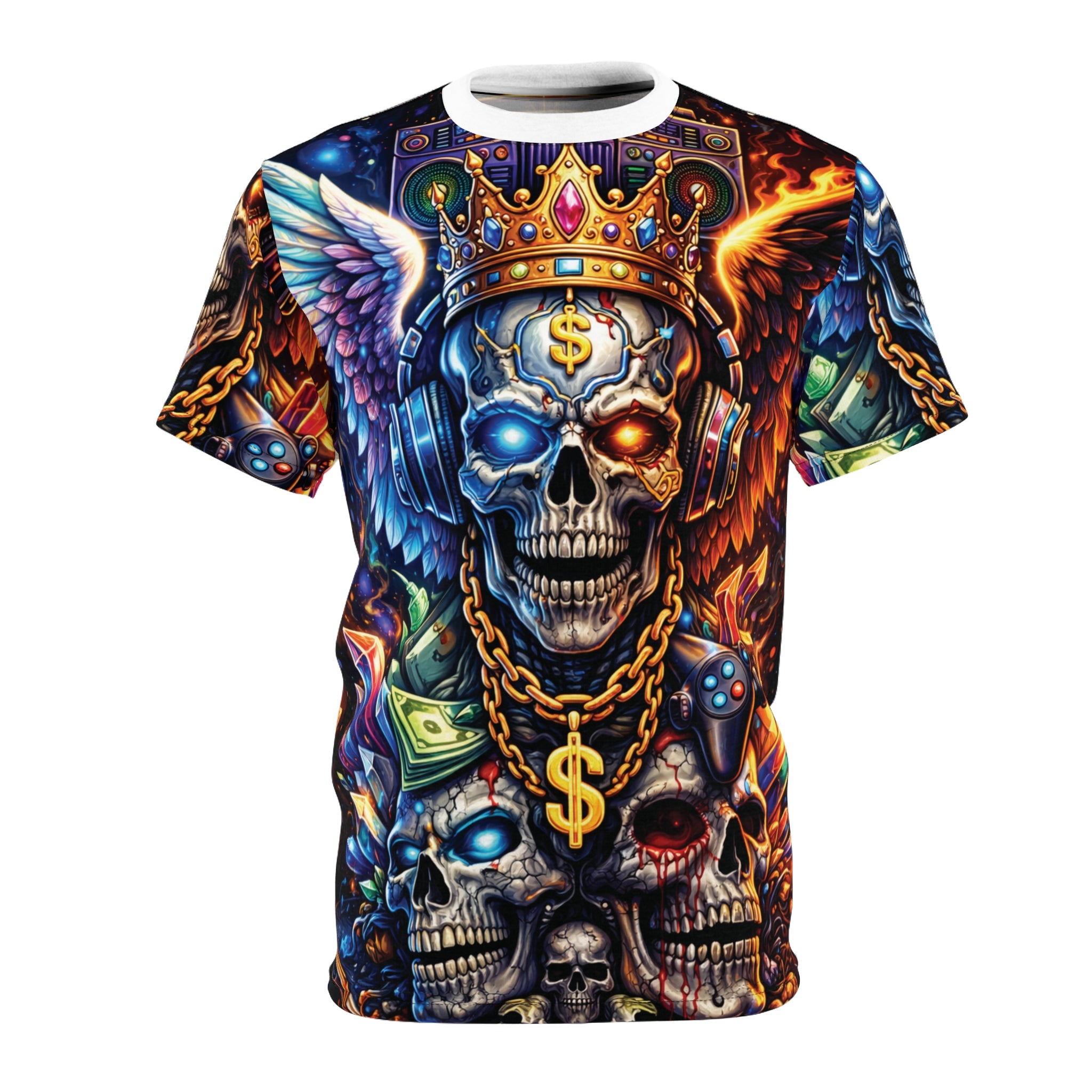 King of Chaos Skull Tee — All-Over Print Gothic Crown & Dollar Sign Shirt
