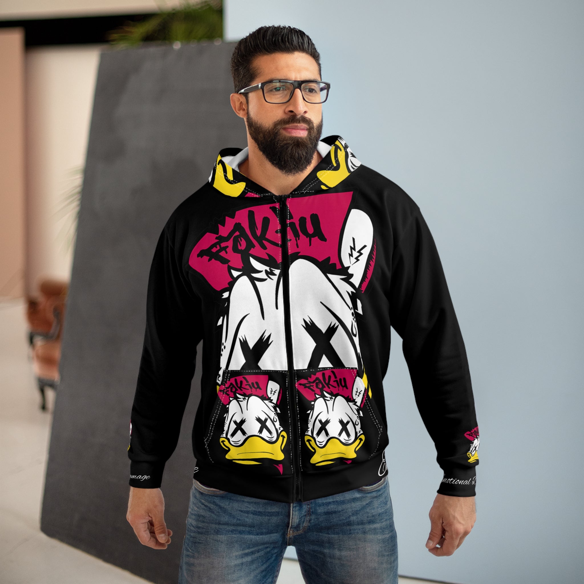 Duck Skull Zip Hoodie — Edgy Streetwear Graphic Hoodie ("Emotional Damage")