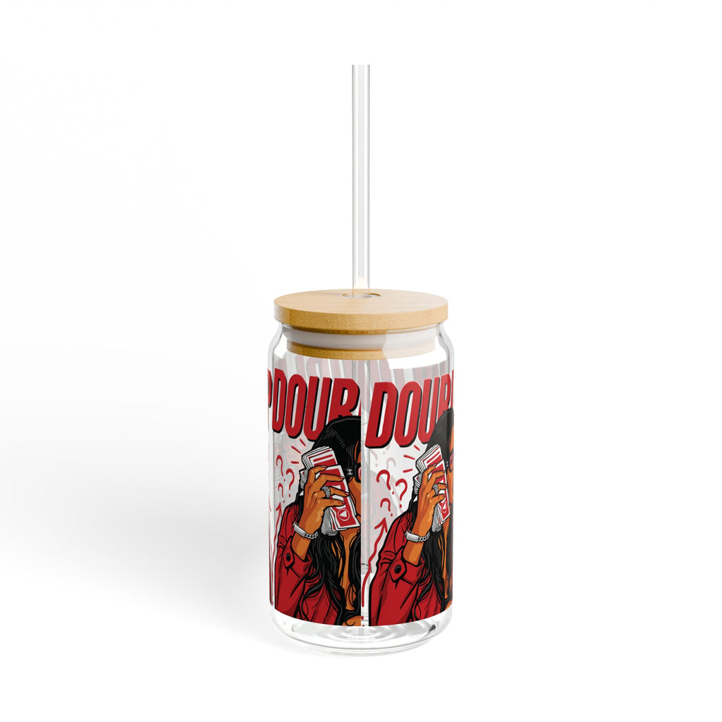 16oz Glass Sipper Tumbler — 'Double Up' Pop Art Design with Straw