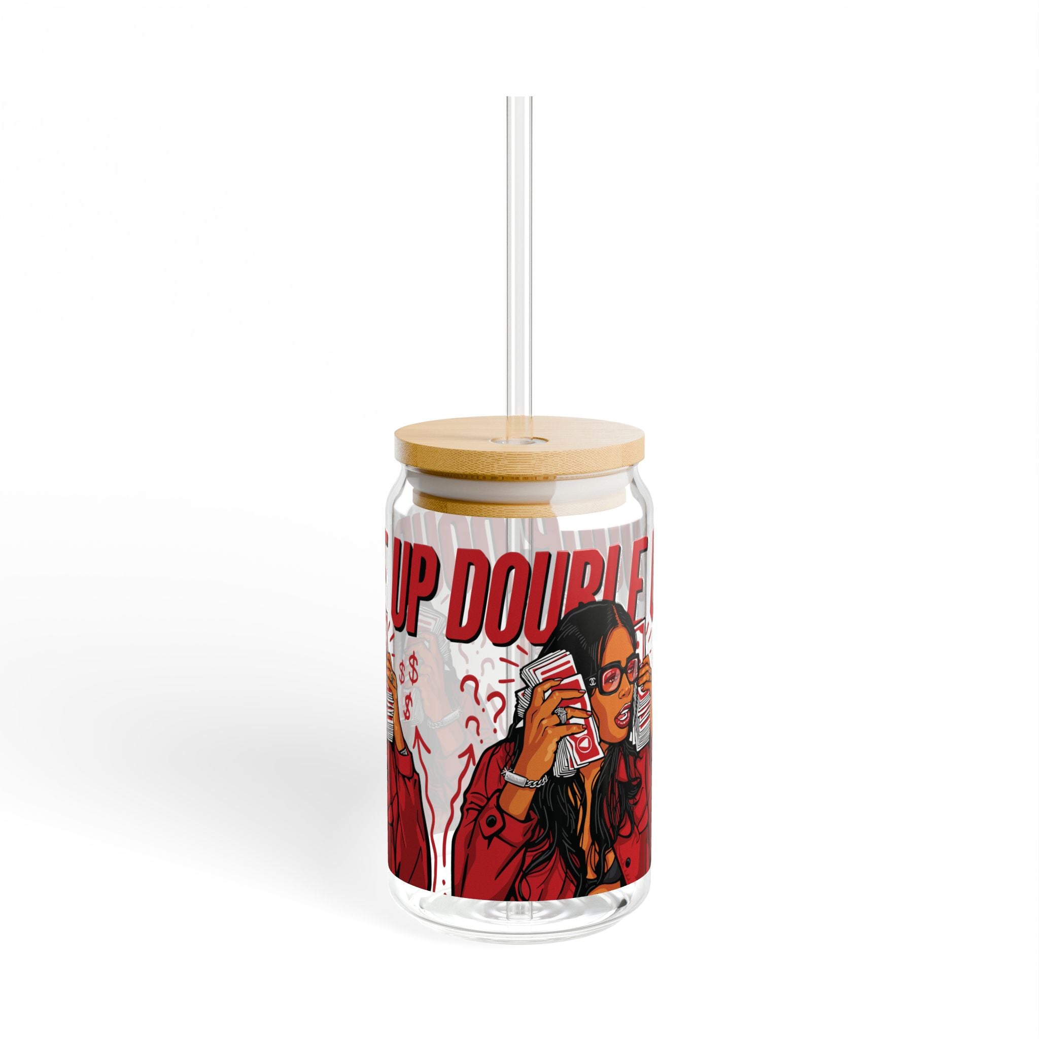 16oz Glass Sipper Tumbler — 'Double Up' Pop Art Design with Straw