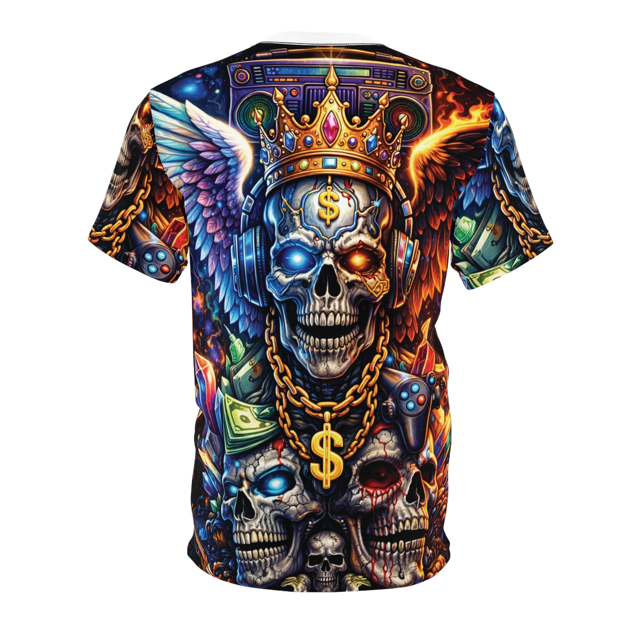 King of Chaos Skull Tee — All-Over Print Gothic Crown & Dollar Sign Shirt