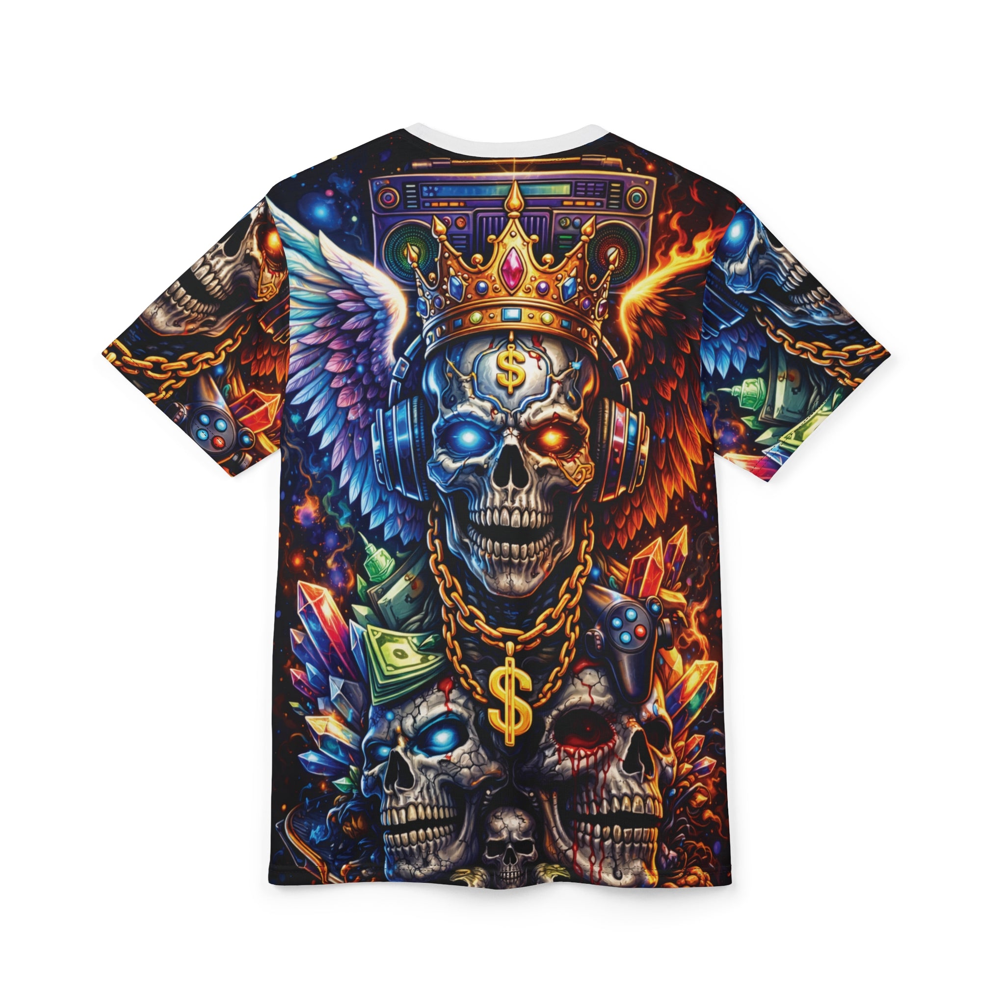 King of Chaos Skull Tee — All-Over Print Gothic Crown & Dollar Sign Shirt
