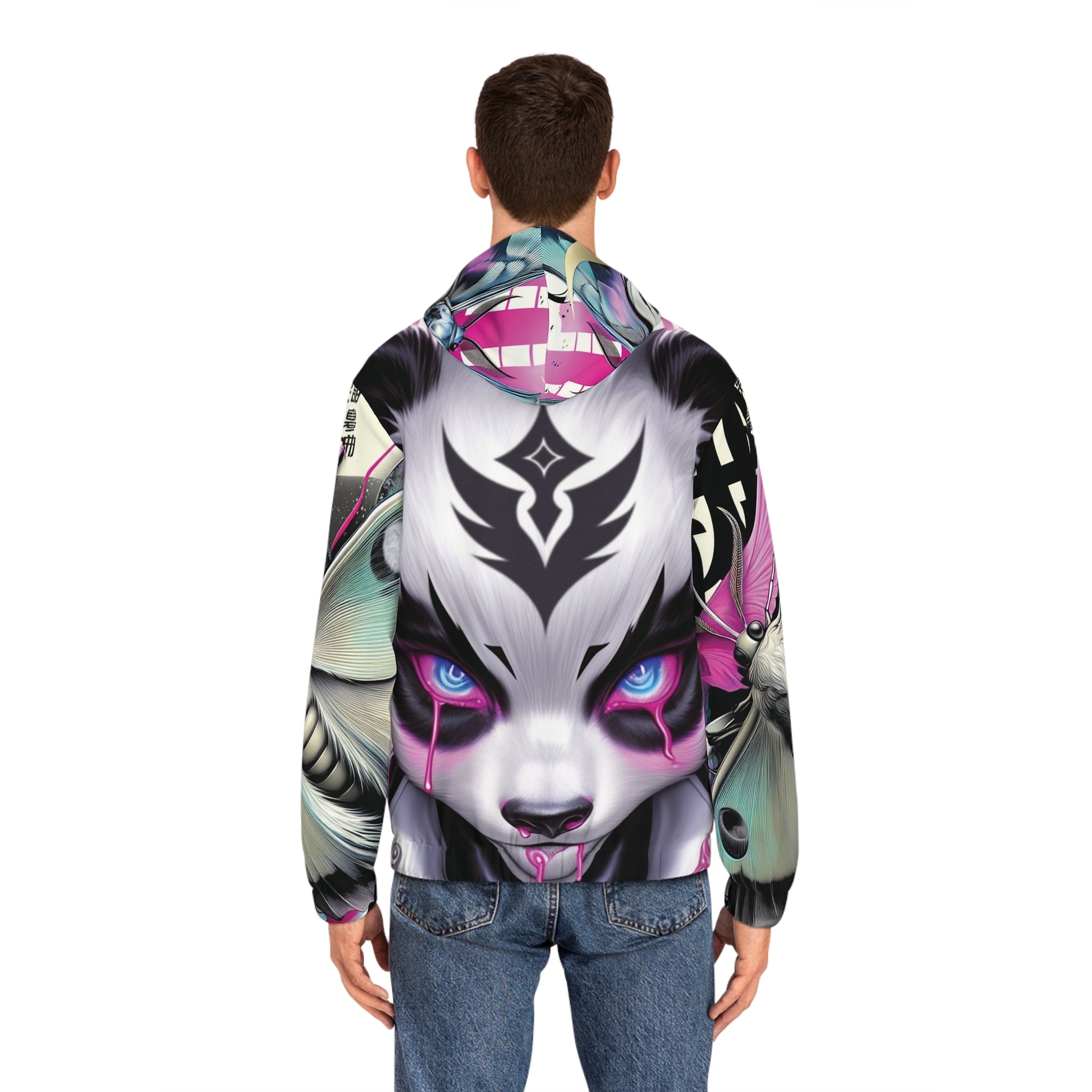 Cyber Kitsune Full-Zip Hoodie — Pink Mecha Wolf Japanese Mask Design