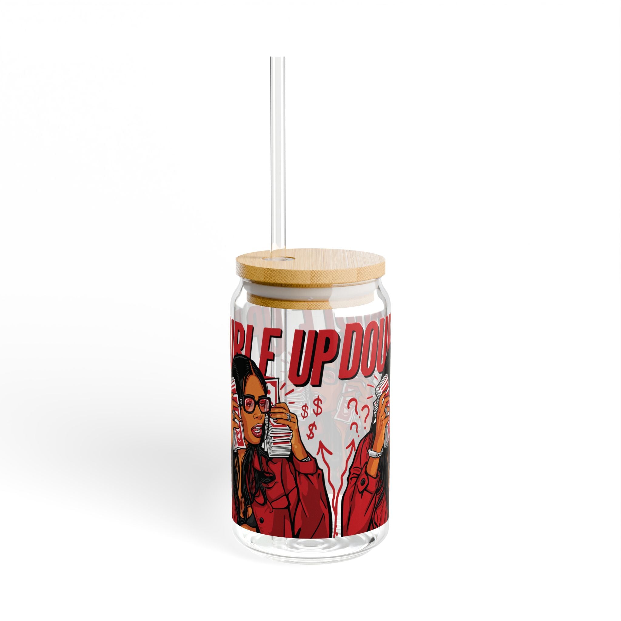 16oz Glass Sipper Tumbler — 'Double Up' Pop Art Design with Straw