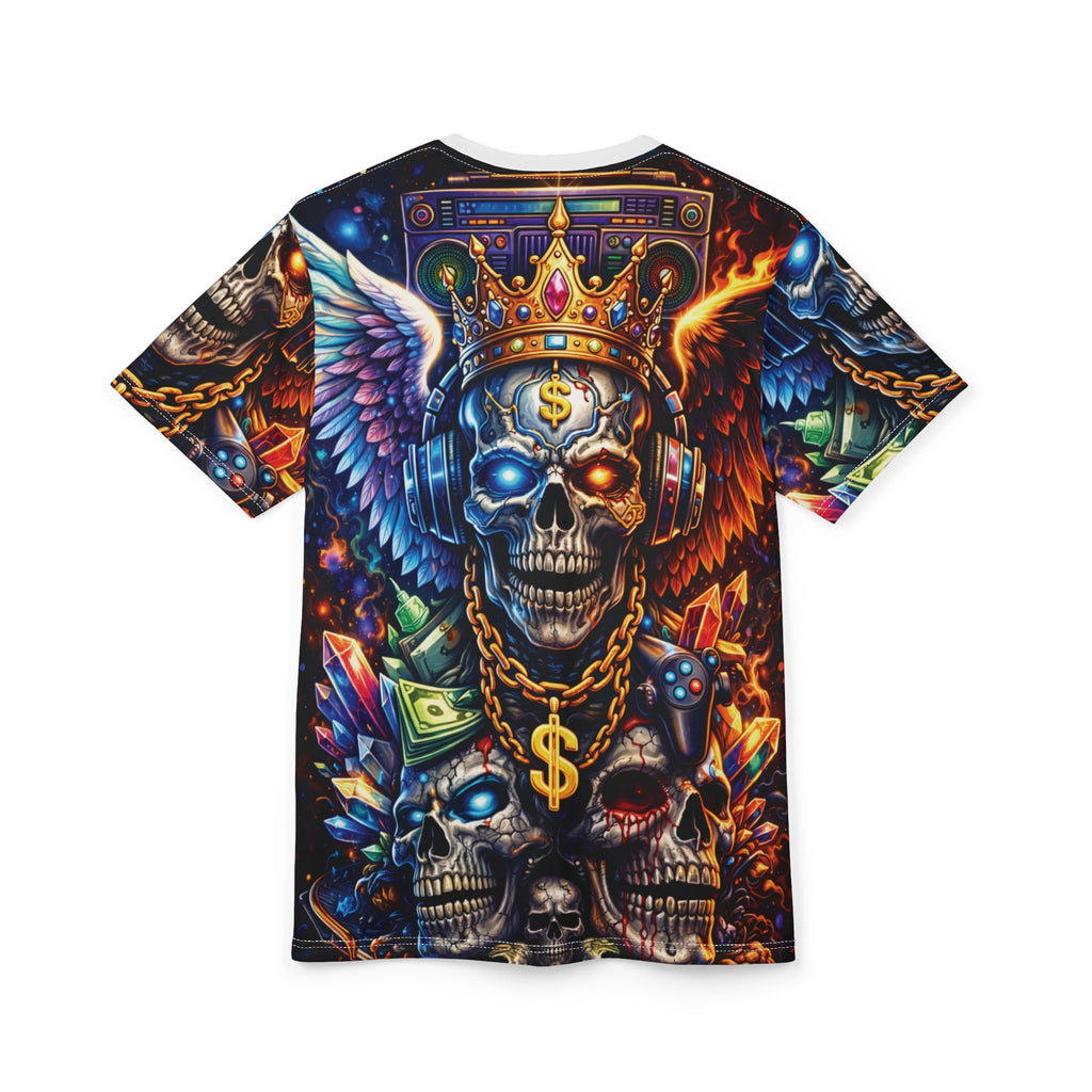 King of Chaos Skull Tee — All-Over Print Gothic Crown & Dollar Sign Shirt