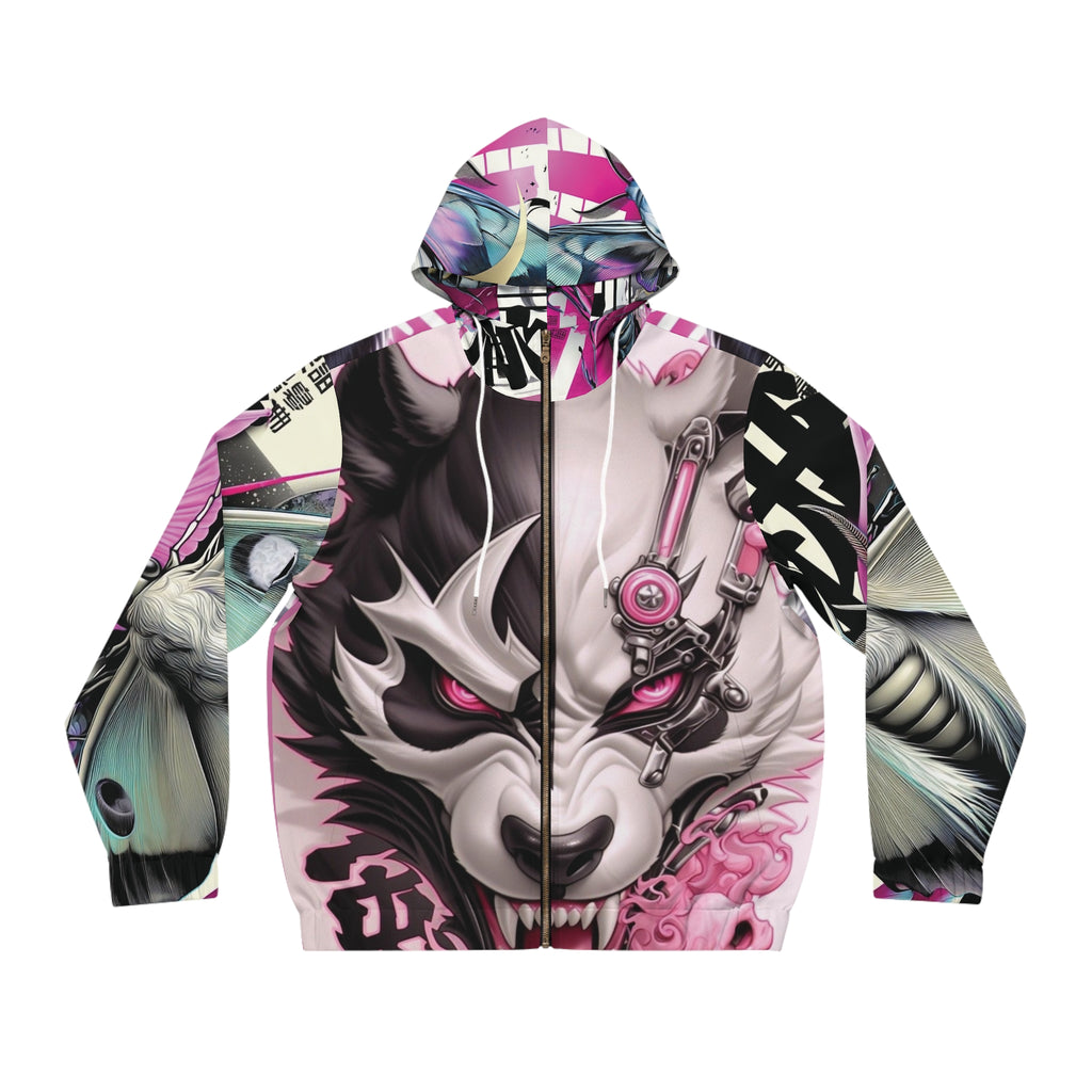 Cyber Kitsune Full-Zip Hoodie — Pink Mecha Wolf Japanese Mask Design