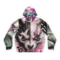 Cyber Kitsune Full-Zip Hoodie — Pink Mecha Wolf Japanese Mask Design