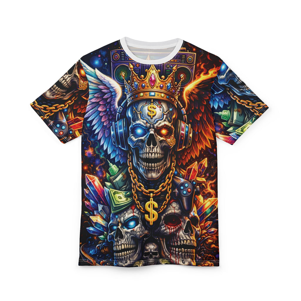 King of Chaos Skull Tee — All-Over Print Gothic Crown & Dollar Sign Shirt